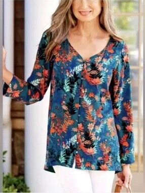NWT Soft Surroundings Nova Top Blue Coral Floral Button Down Botanical Resort 3X